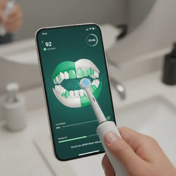 Smartphone screen displaying Oral-B app's AI brushing coach with mouth map.