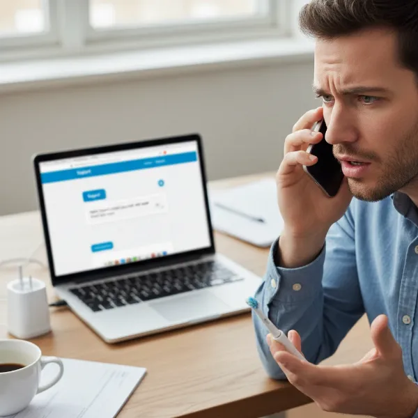 A person on a phone call, looking at an Oral-B toothbrush and computer, implying contact with customer support.