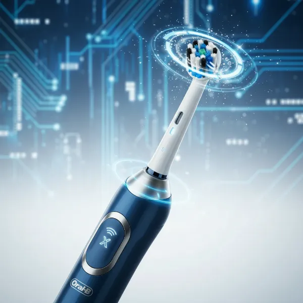 Close-up of Oral-B Genius X, highlighting AI sensors and elegant design.