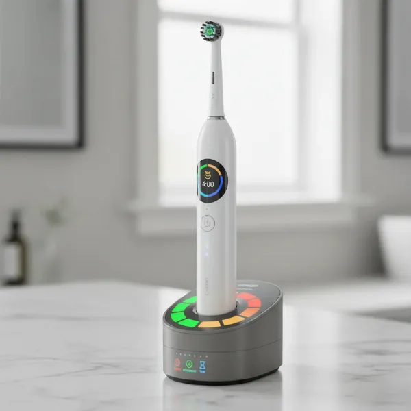 Oral-B iO Series 10 toothbrush on its iO Sense Smart Charger, displaying brushing feedback.