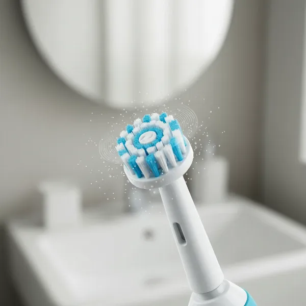 Close-up of Oral-B brush head demonstrating oscillating-rotating and pulsating cleaning action.