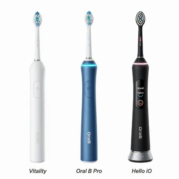 A side-by-side comparison of Oral-B Vitality, Pro, and iO electric toothbrushes highlighting their design differences and cleaning actions.