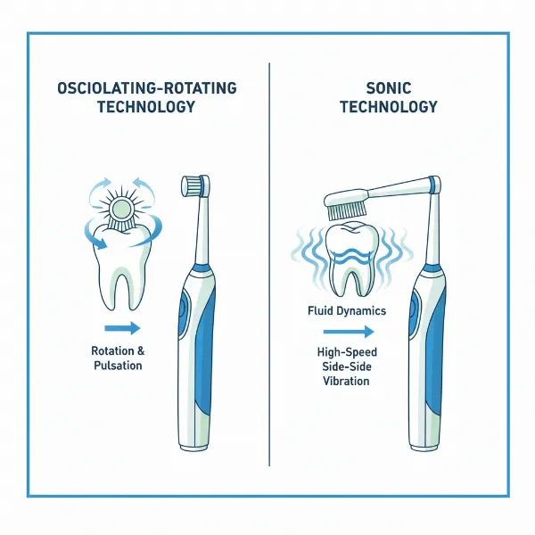 Visual comparison of oscillating-rotating and sonic electric toothbrush cleaning actions.
