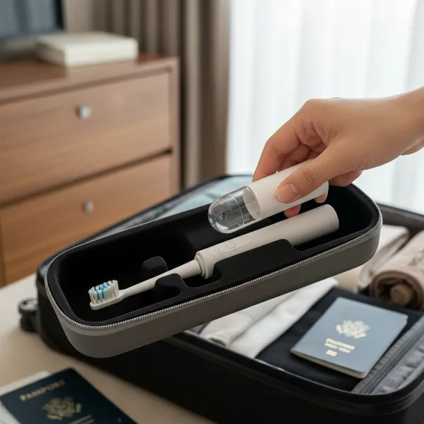 A hand placing a dry electric toothbrush into a hard-shell travel case, ready for air travel, with a clean brush head cap.