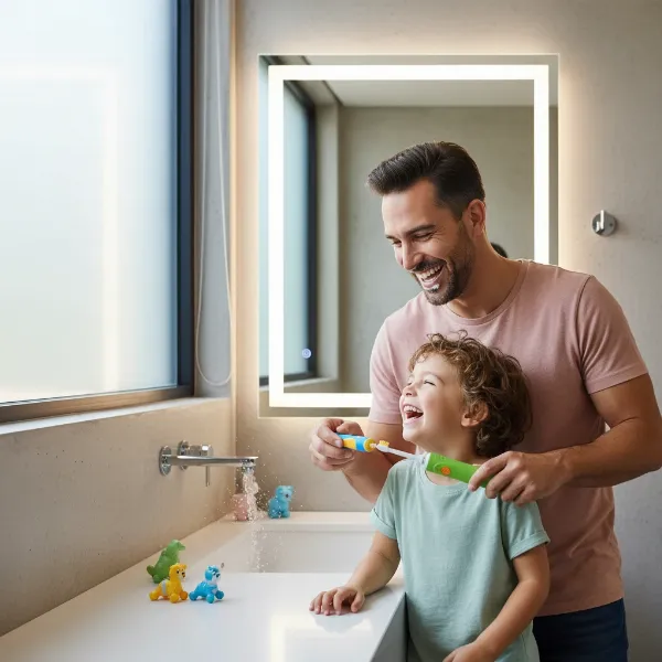 A parent and child happily brushing teeth together with a child-friendly electric toothbrush in a bright bathroom.