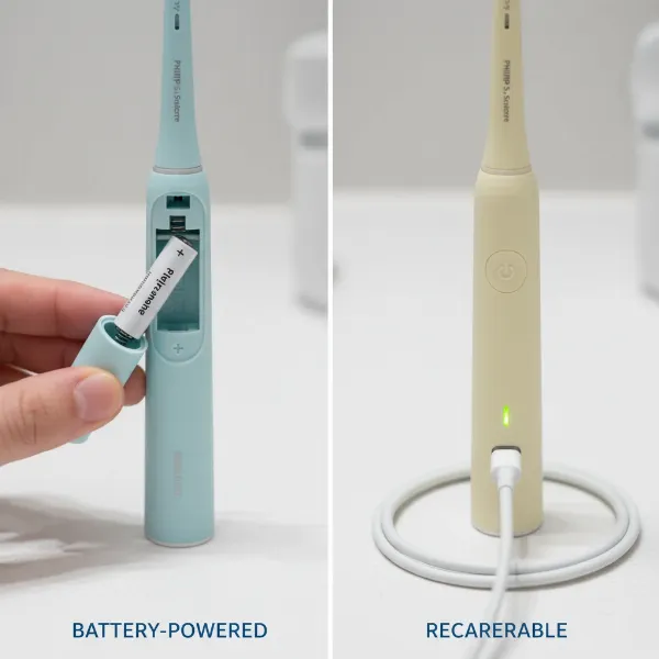 Side-by-side comparison of Philips One battery-powered and rechargeable models, showing AAA battery and USB-C charging.