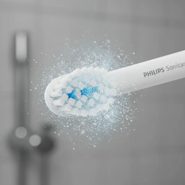 Philips Sonicare brush head demonstrating sonic vibrations and fluid dynamics for cleaning.