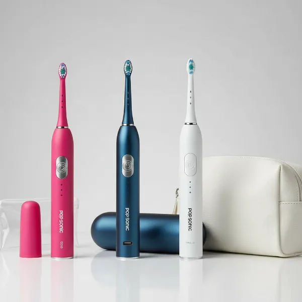 Pop Sonic Go, USB Sonic, and Pro 2.0 portable electric toothbrushes displayed