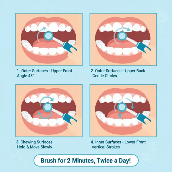 An animated or illustrative guide demonstrating the correct way for a child to use an electric toothbrush, showing gentle circular motions across tooth surfaces and gumline.