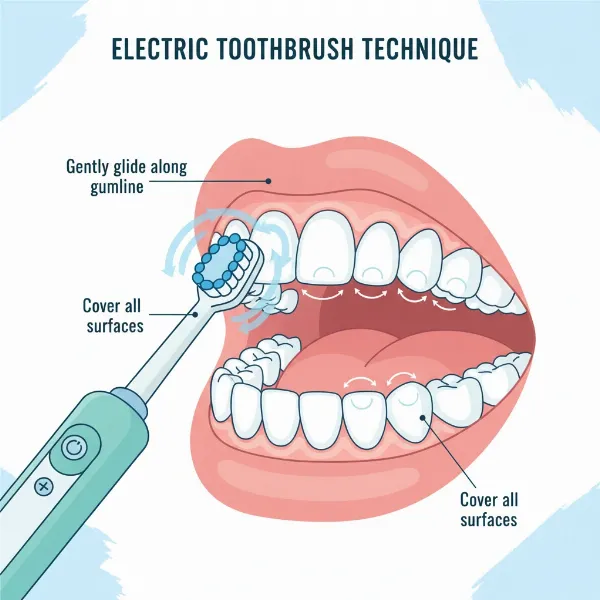 Visual guide demonstrating the correct way to use an electric toothbrush for optimal cleaning