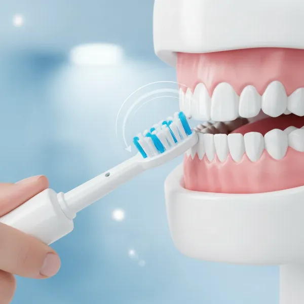Person demonstrating proper electric toothbrush technique on teeth and gumline.