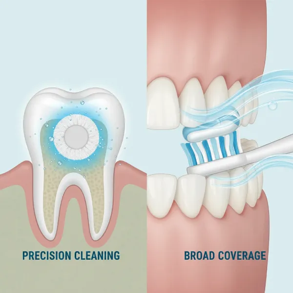 A conceptual image illustrating the distinct cleaning actions of round and elongated electric toothbrush heads. A round head is shown meticulously cleaning a single tooth, while an elongated head sweeps across multiple teeth, indicating fluid dynamics