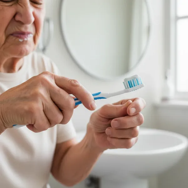 Elderly person struggling to hold a manual toothbrush due to arthritic hands, illustrating oral hygiene challenges.