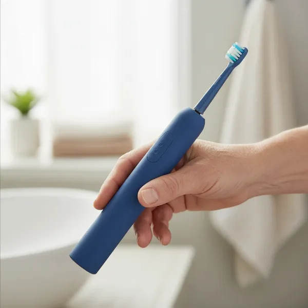 Senior comfortably holding an electric toothbrush with an ergonomic, non-slip handle, demonstrating ease of use.
