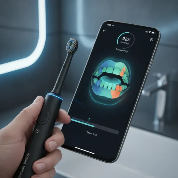 A smartphone displaying the Philips Sonicare app's SenseIQ technology providing real-time brushing guidance and mouth mapping