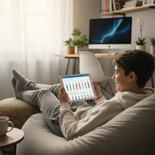 A teenager browsing electric toothbrushes on a tablet, considering online purchase options for braces.