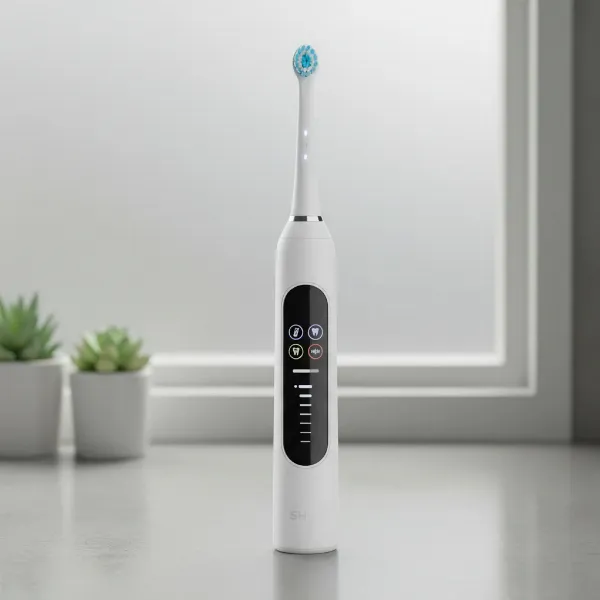 A Shyn Sonic Toothbrush displaying its various customizable modes and intensity settings on a sleek, modern bathroom counter, highlighting personalized oral care.