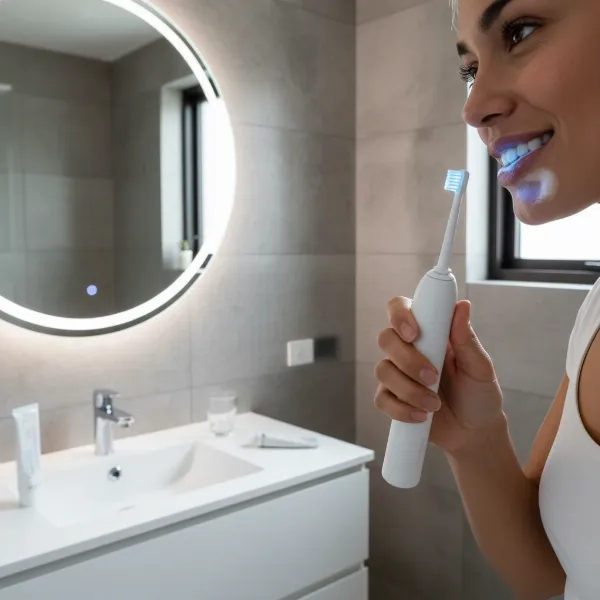 A person demonstrating proper brushing technique with the Snow LED Whitening Electric Toothbrush in a bathroom setting.