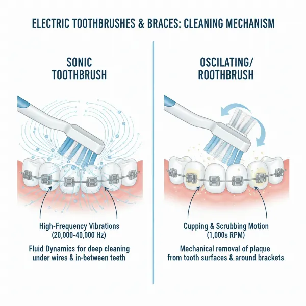 An illustrative comparison of sonic and oscillating electric toothbrush cleaning mechanisms for braces.