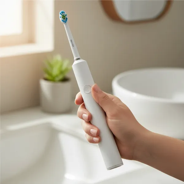 Hand holding a slim, ergonomic Philips Sonicare 4100 toothbrush, highlighting comfortable grip and single button.