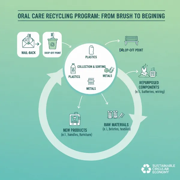 Graphic illustrating steps of a specialized recycling program for oral care products.