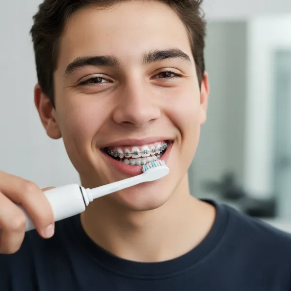 A smiling teenager confidently using an electric toothbrush with braces, focusing on oral hygiene.