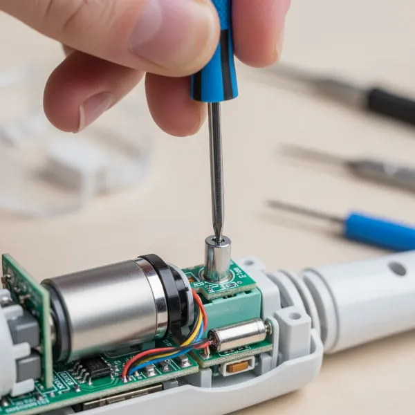 Hand tightening a small screw on the electric toothbrush's internal shaft assembly.