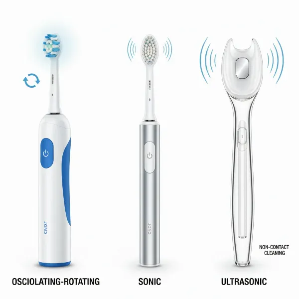 Three distinct electric toothbrush types: oscillating, sonic, and ultrasonic, clearly showing their unique head designs