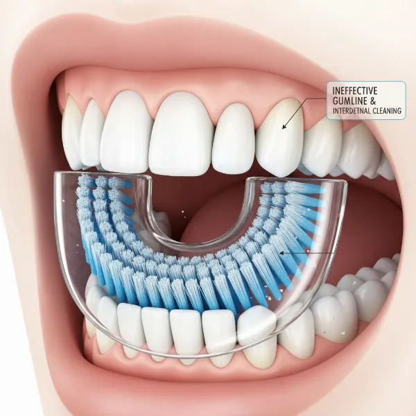 A U-shaped electric toothbrush failing to reach all tooth surfaces, illustrating poor contact for plaque removal.