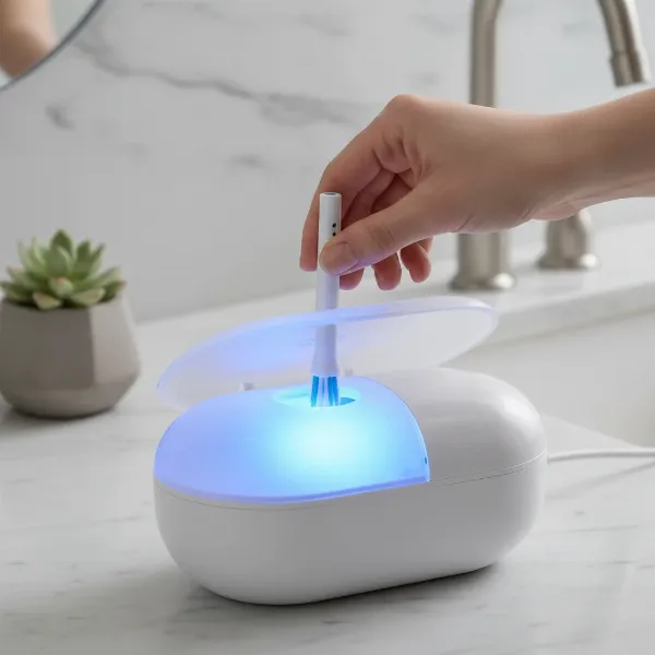 Person placing electric toothbrush head into a sleek UV sanitizer for sterilization, emphasizing hygiene