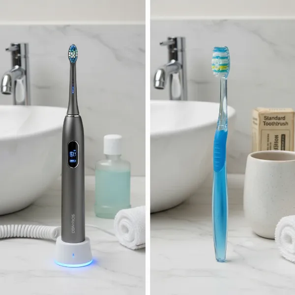 A Voom Sonic Pro 5 Series Electric Toothbrush standing next to a generic manual toothbrush on a bathroom counter.