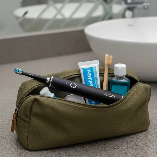 A Voom Sonic Pro 5 Series Electric Toothbrush packed neatly in a travel bag with other toiletries.