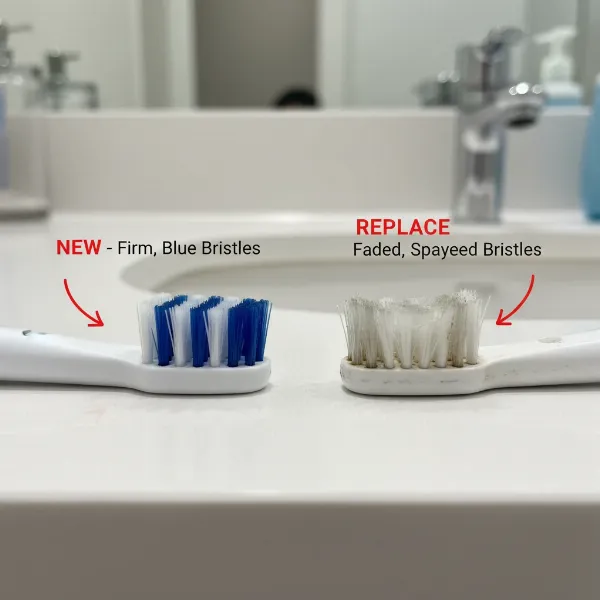 New and worn electric toothbrush heads, showing splayed bristles and faded indicator for replacement.